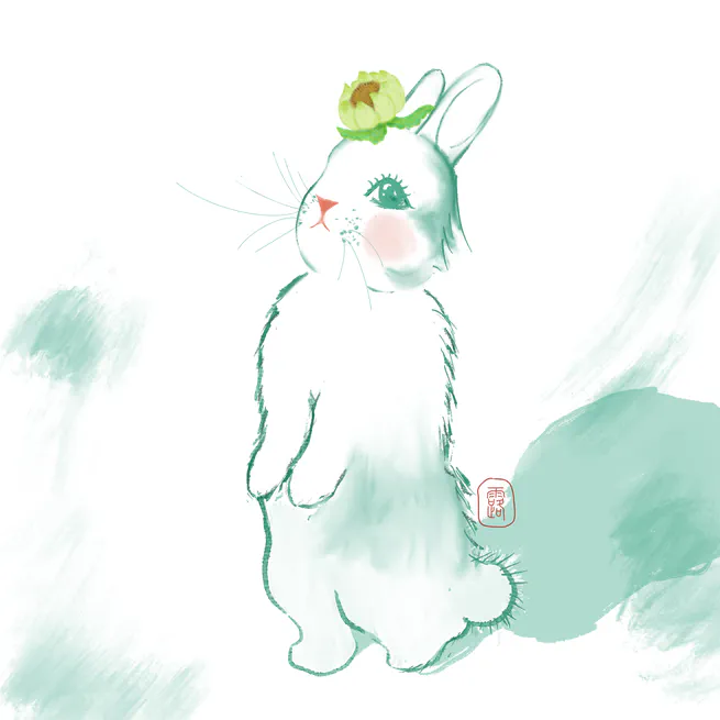 A rabbit wearing a snow lotus flower on its head.